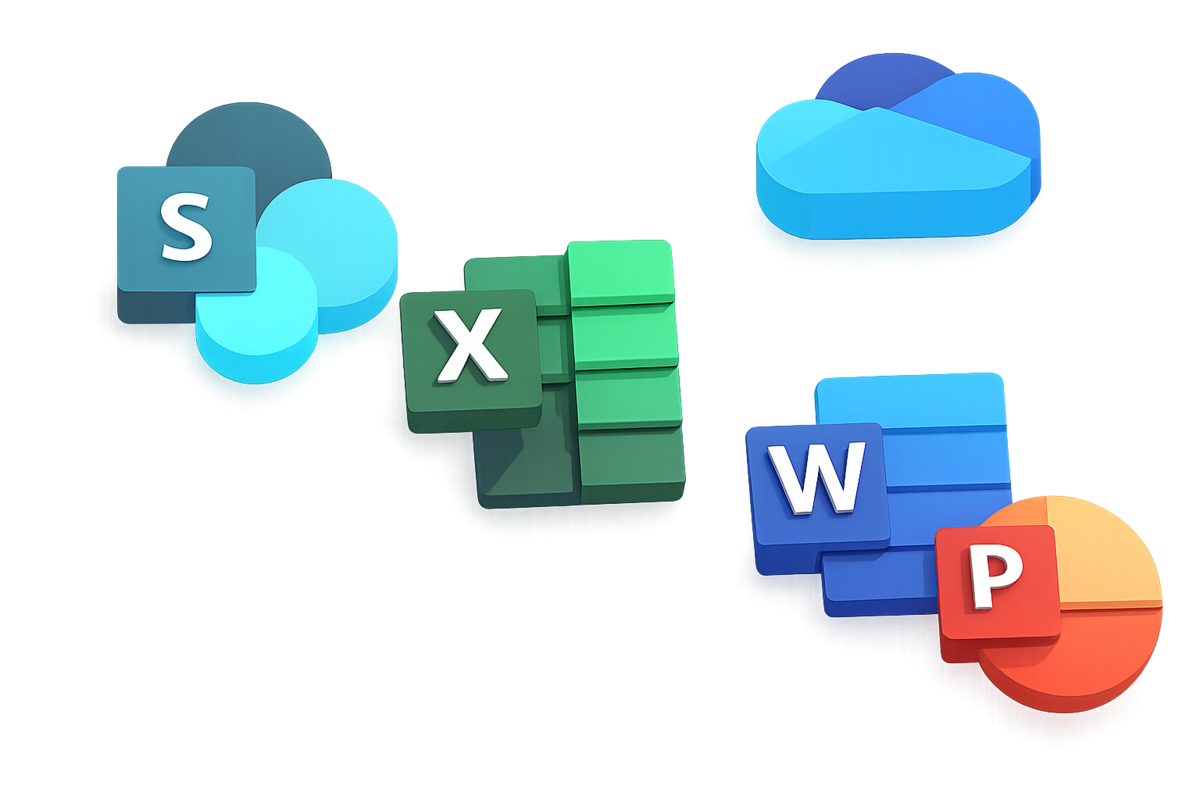 Microsoft-Anwendungen SharePoint, Excel, OneDrive, Word und PowerPoint.