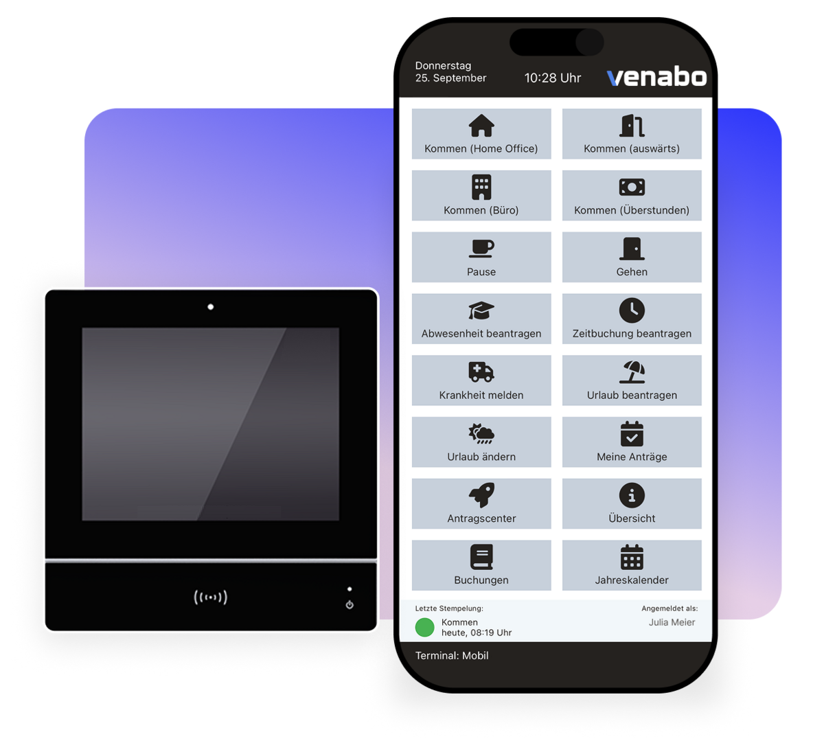 Terminal und Smartphone mit venabo-Zeiterfassung.