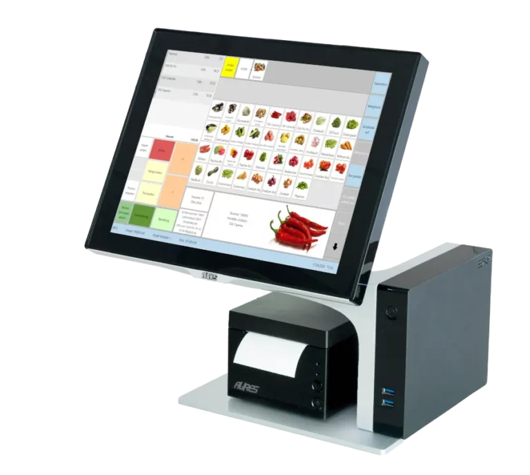Touchscreen-Kasse mit angeschlossenem Belegdrucker.