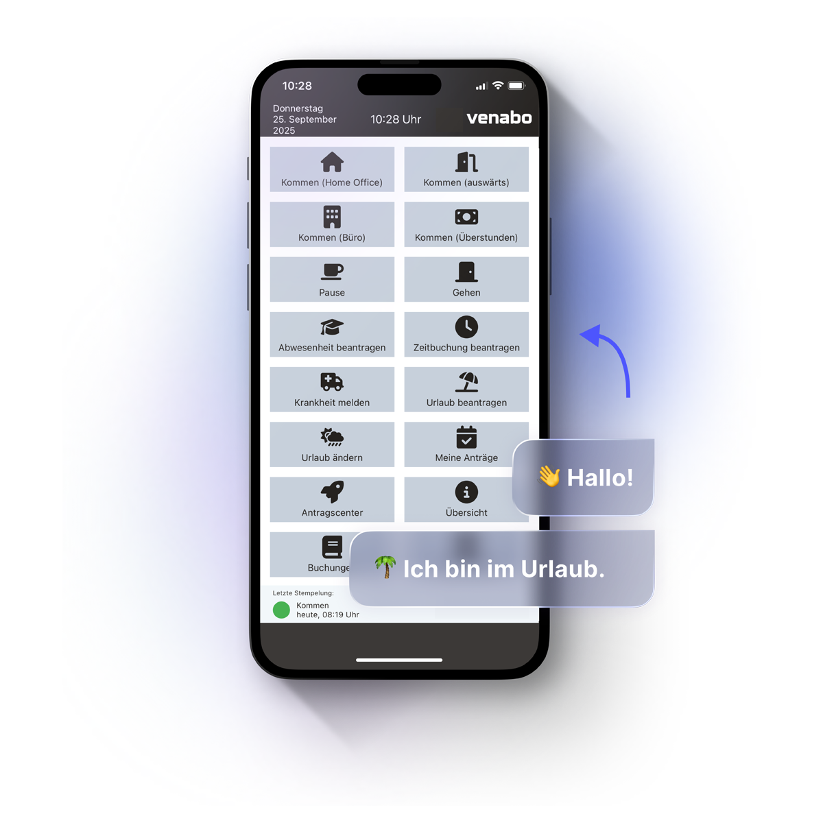 venabo-Zeiterfassungs-App auf einem Smartphone.